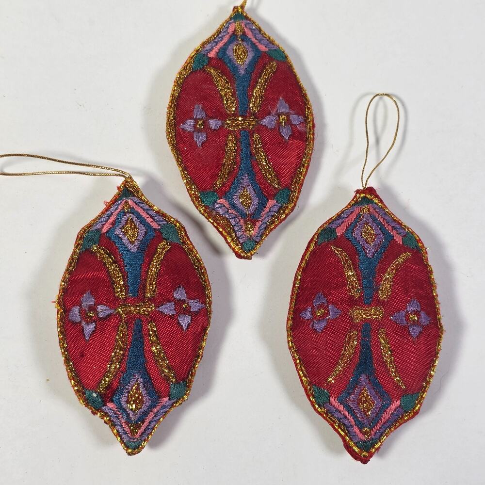 Vintage Pier 1 Embroidered Fabric Christmas Ornaments Red Gold Lot of 3 Holiday